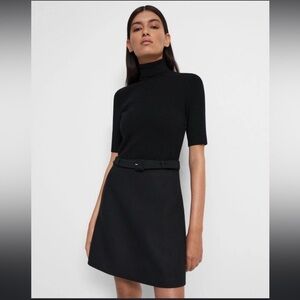 Theory Belted Ribbed Merino Wool-blend And Twill Dress